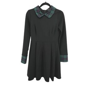 Smak Parlour Black Pleated Dress Tartan Collar Cuffs‎ Punk Retro Goth Size M